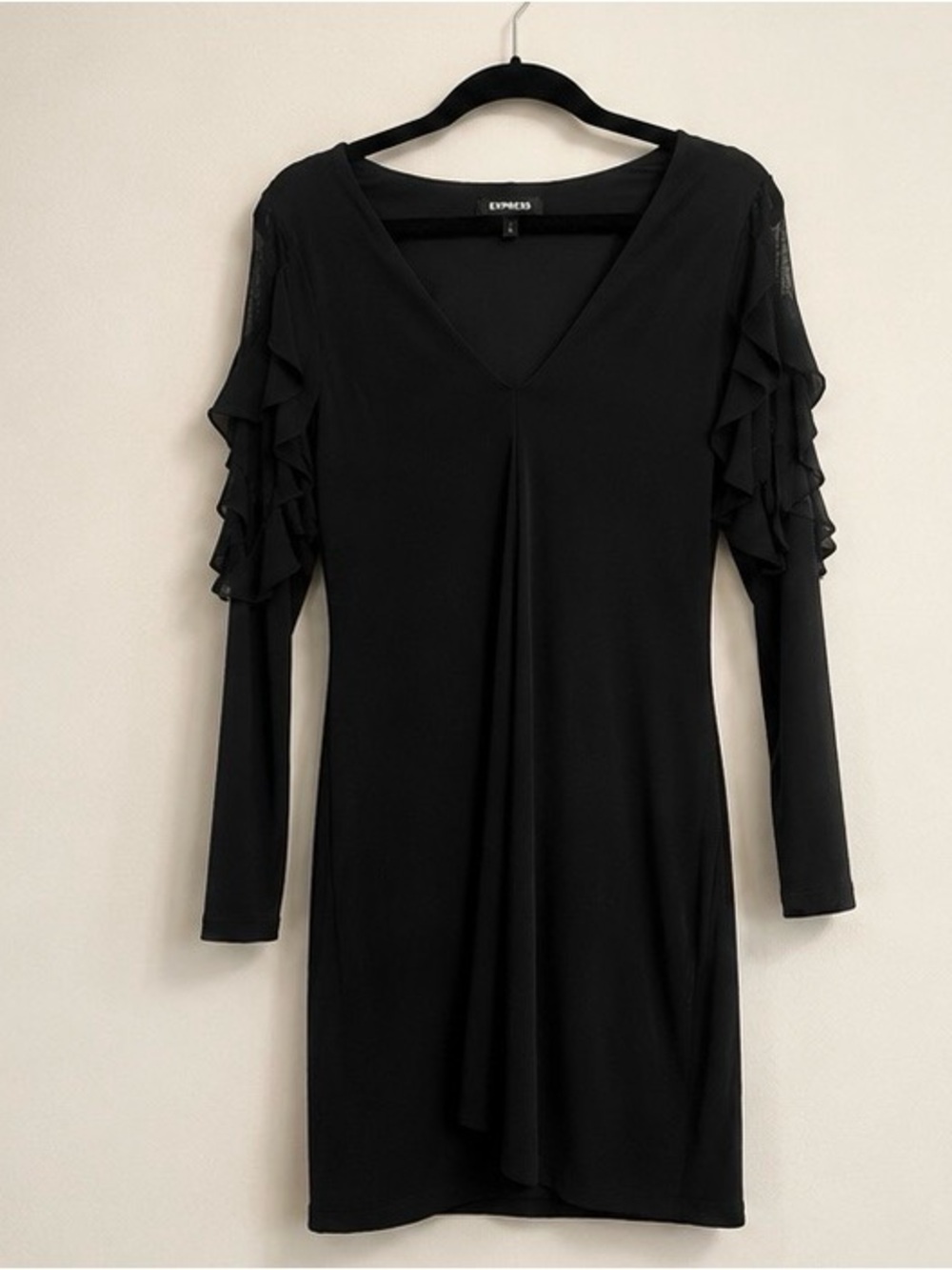 Express Black Long Sleeve V-Neck Dress with Ruffled Shoulders